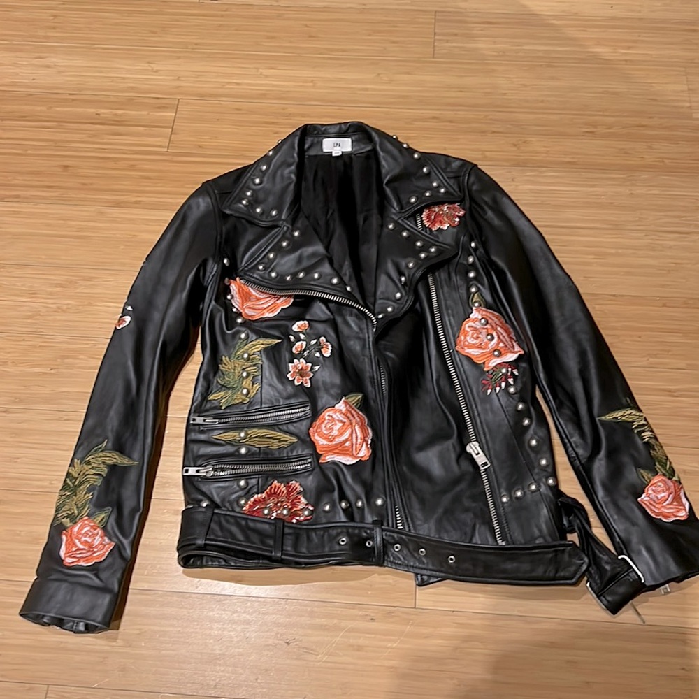 LPA Rose-Studded Leather Jacket, Black, 2XS